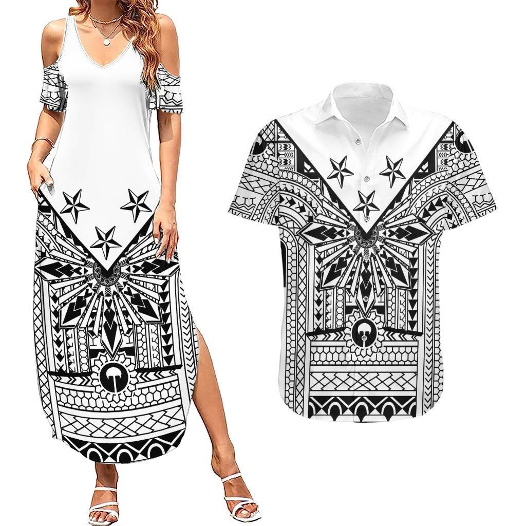 White Philippines Sun Star Couples Matching Summer Maxi Dress and Hawaiian Shirt Igorot Tribal Inspiration
