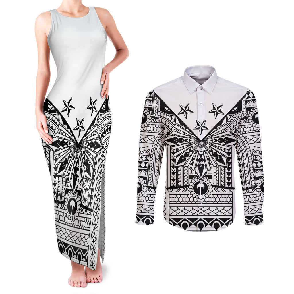 White Philippines Sun Star Couples Matching Tank Maxi Dress and Long Sleeve Button Shirt Igorot Tribal Inspiration