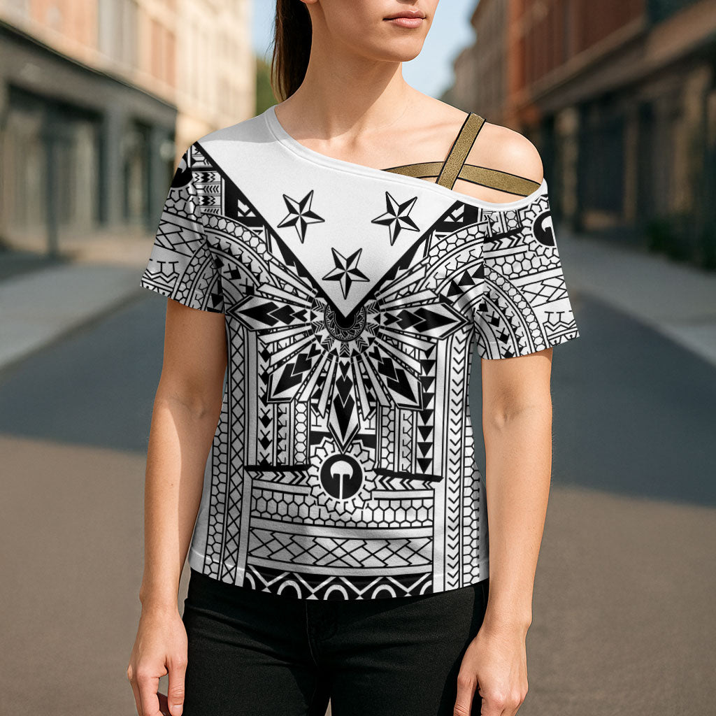 White Philippines Sun Star Cross Shoulder Shirt Igorot Tribal Inspiration