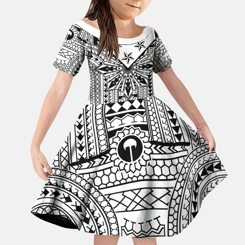 White Philippines Sun Star Family Matching Off Shoulder Maxi Dress and Hawaiian Shirt Igorot Tribal Inspiration LT05 Daughter's Dress White - Polynesian Pride
