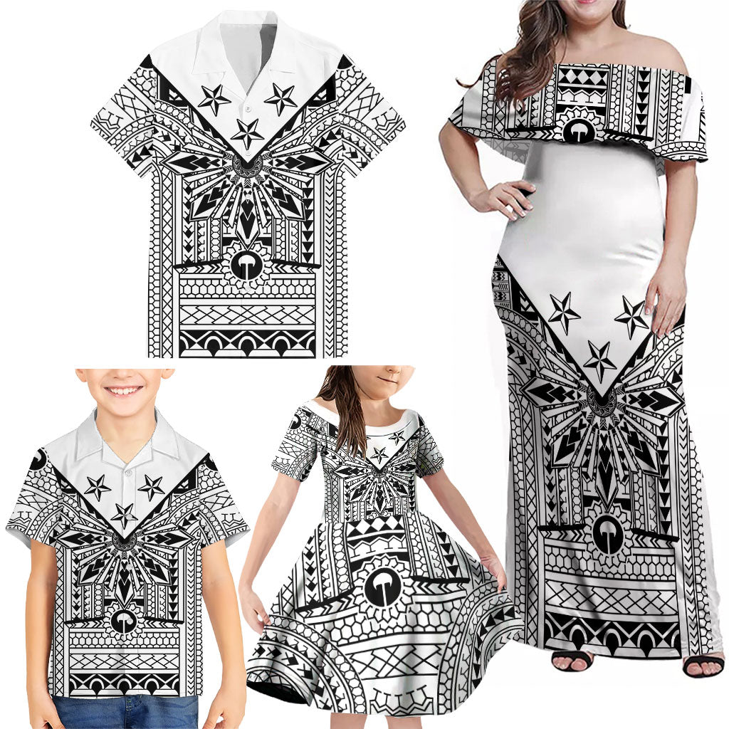 White Philippines Sun Star Family Matching Off Shoulder Maxi Dress and Hawaiian Shirt Igorot Tribal Inspiration LT05 - Polynesian Pride