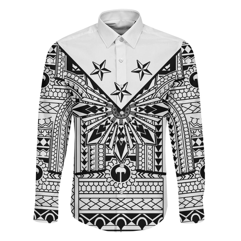 White Philippines Sun Star Family Matching Off Shoulder Maxi Dress and Hawaiian Shirt Igorot Tribal Inspiration LT05 Dad's Shirt - Long Sleeve White - Polynesian Pride