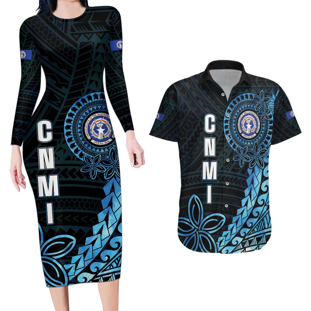 Personalized Northern Mariana Islands 78th Liberation Day Couples Matching Long Sleeve Bodycon Dress and Hawaiian Shirt LT05 Blue - Polynesian Pride