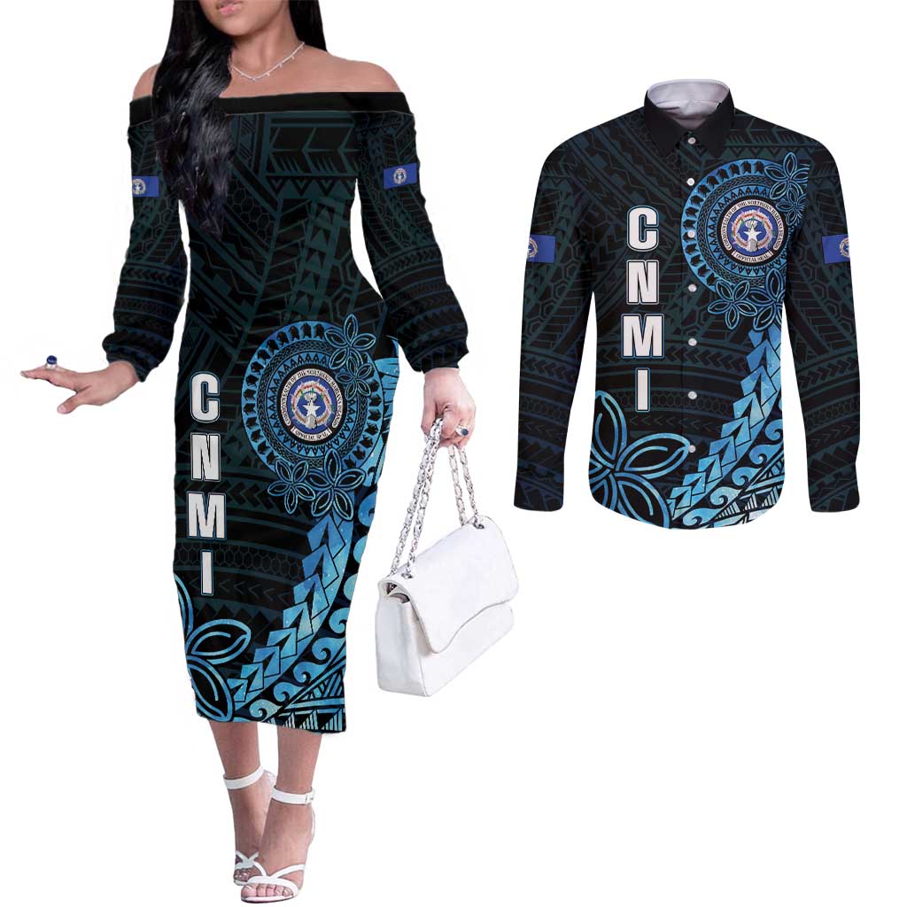 Personalized Northern Mariana Islands 78th Liberation Day Couples Matching Off The Shoulder Long Sleeve Dress and Long Sleeve Button Shirt LT05 Blue - Polynesian Pride
