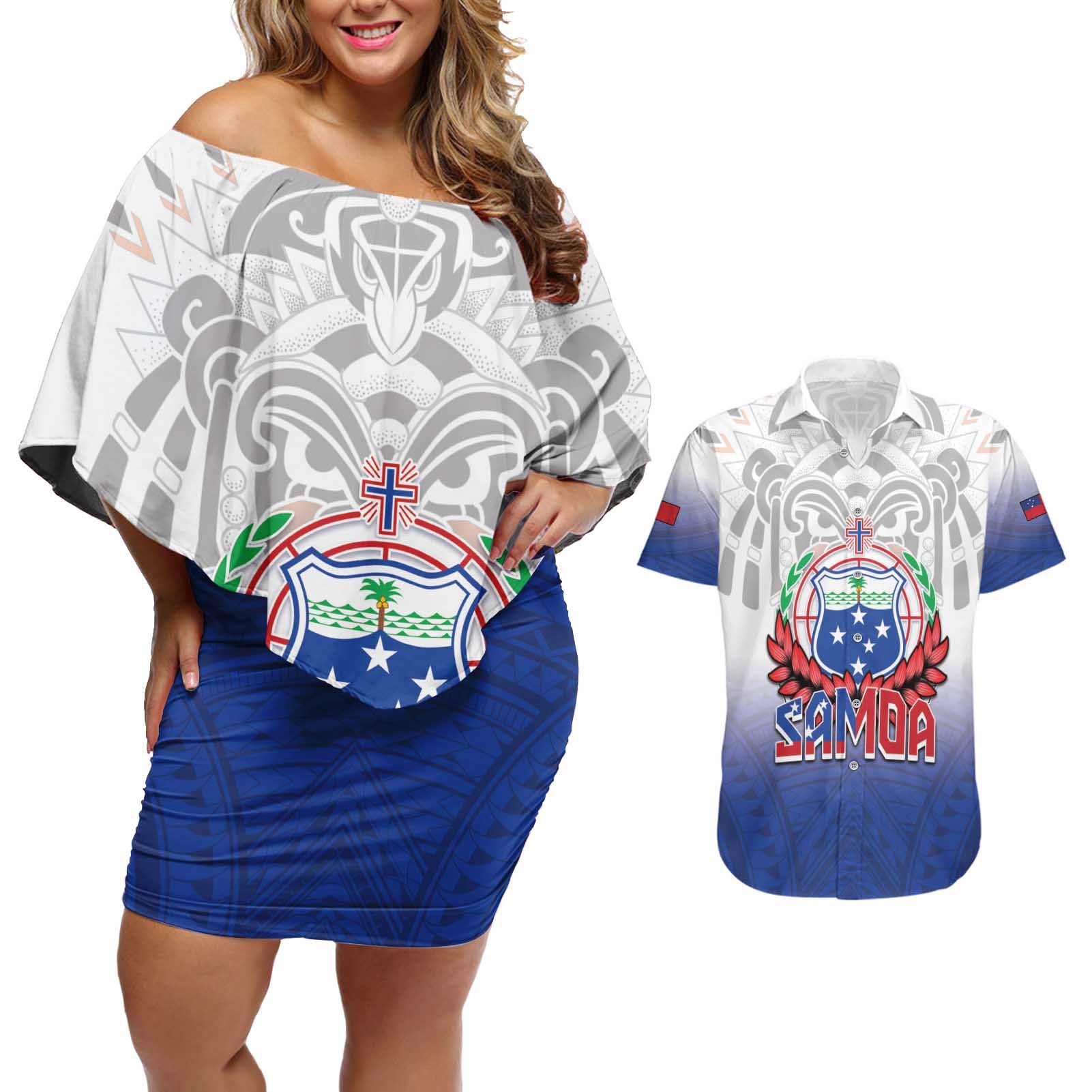 Custom Samoa Rugby 2024 Pacific Couples Matching Off Shoulder Short Dress and Hawaiian Shirt Go Manu Samoa