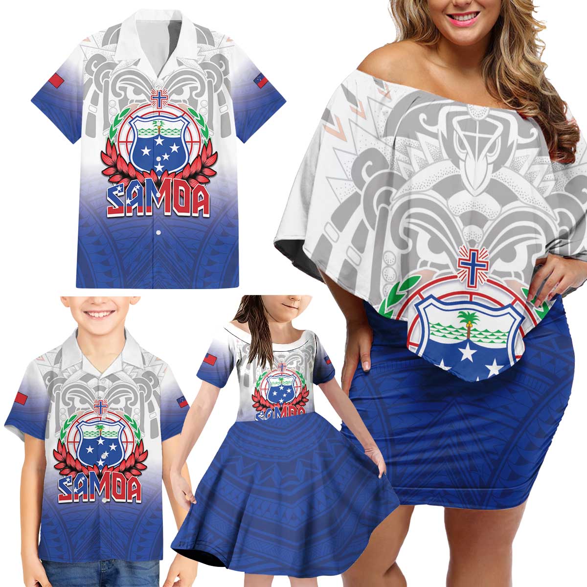 Custom Samoa Rugby 2024 Pacific Family Matching Off Shoulder Short Dress and Hawaiian Shirt Go Manu Samoa