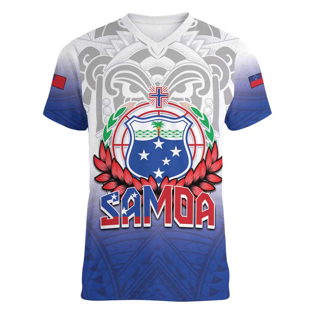 Custom Samoa Rugby 2024 Pacific Women V-Neck T-Shirt Go Manu Samoa LT05 Female Blue - Polynesian Pride