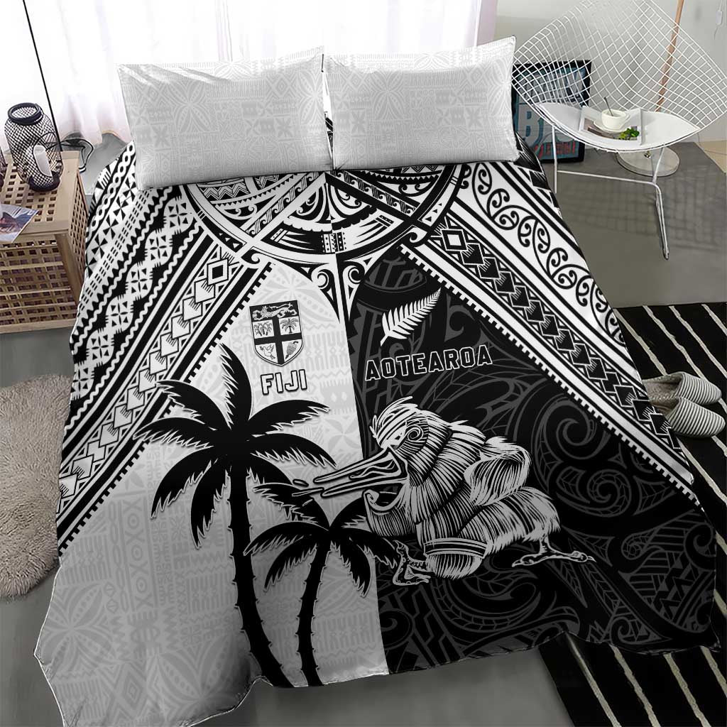New Zealand And Fiji Rugby 2024 Bedding Set Maori Kiwi With Fijian Palm Tree