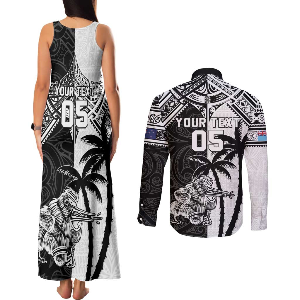Custom New Zealand And Fiji Rugby 2024 Couples Matching Tank Maxi Dress and Long Sleeve Button Shirt Maori Kiwi With Fijian Palm Tree