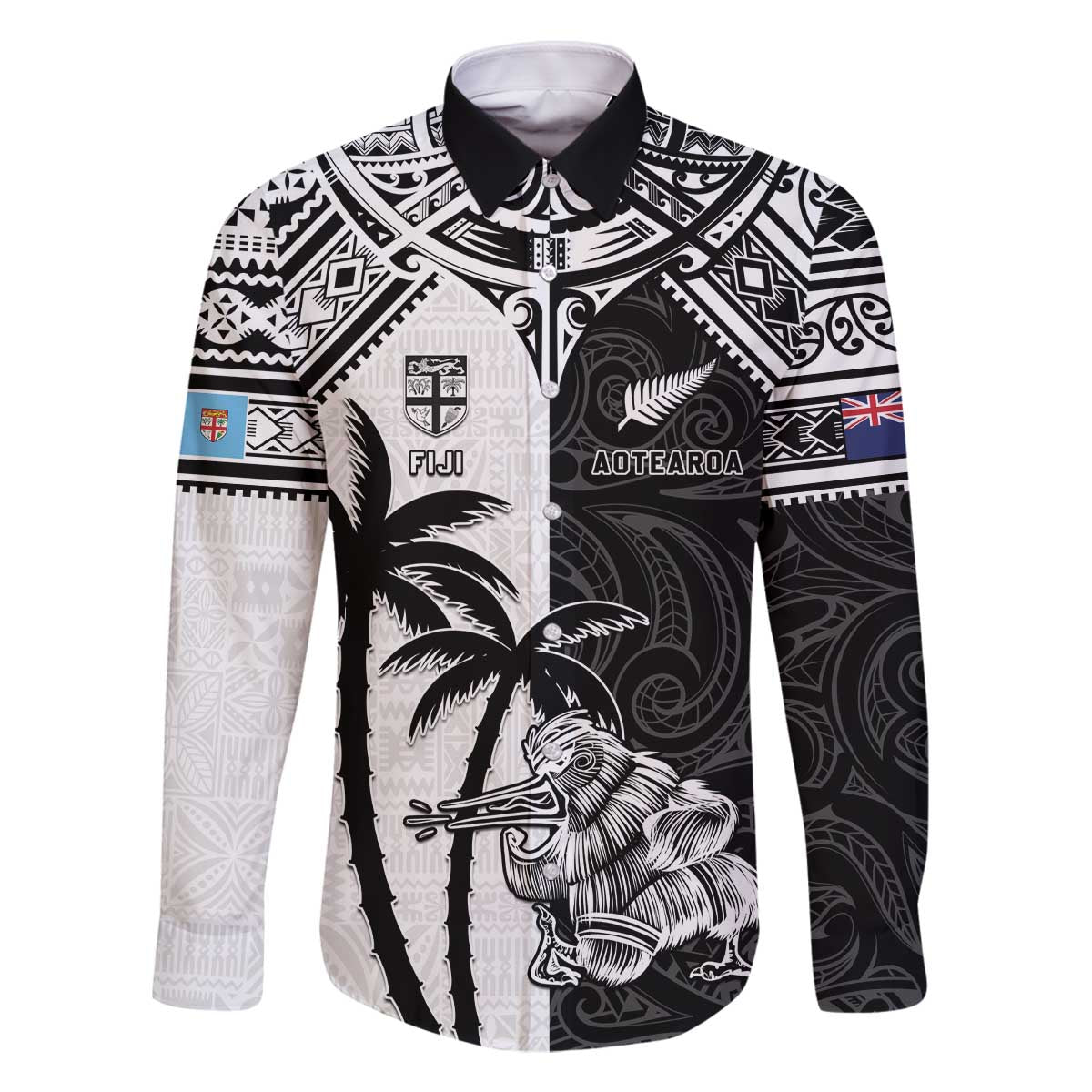 Custom New Zealand And Fiji Rugby 2024 Family Matching Off The Shoulder Long Sleeve Dress and Hawaiian Shirt Maori Kiwi With Fijian Palm Tree