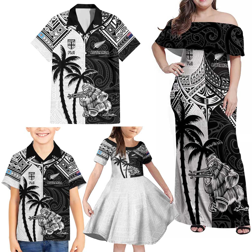 Custom New Zealand And Fiji Rugby 2024 Family Matching Off Shoulder Maxi Dress and Hawaiian Shirt Maori Kiwi With Fijian Palm Tree