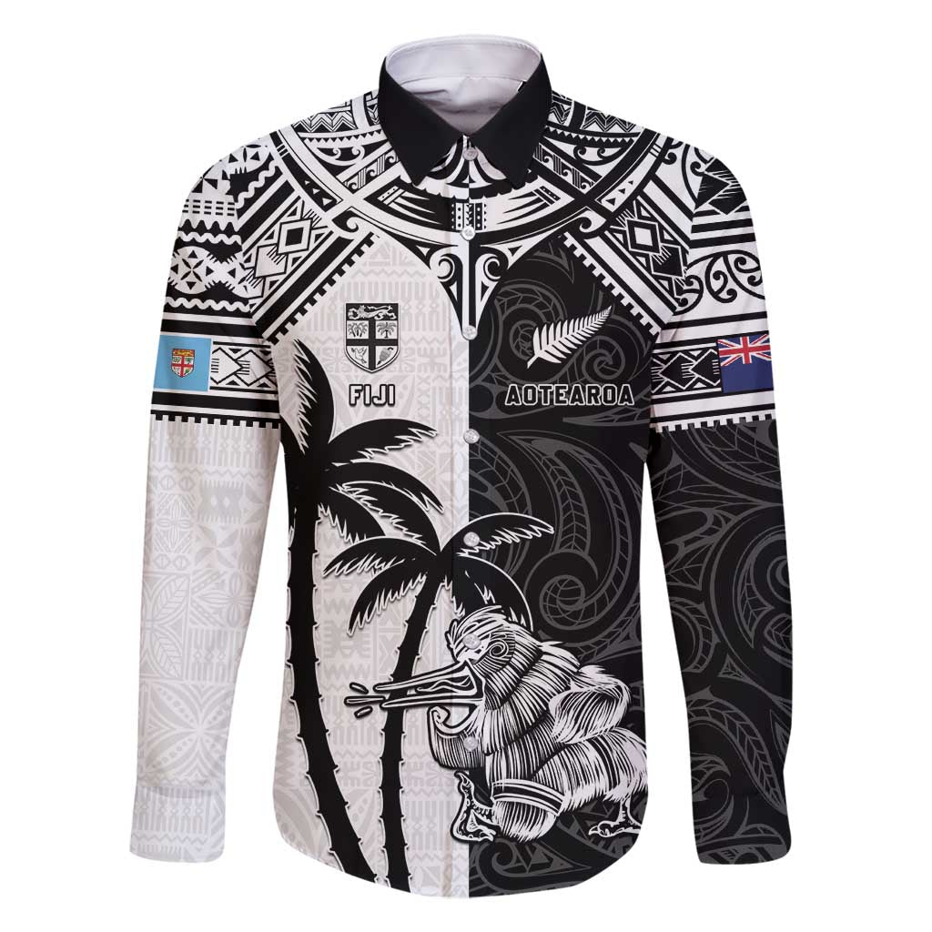 Custom New Zealand And Fiji Rugby 2024 Family Matching Off Shoulder Maxi Dress and Hawaiian Shirt Maori Kiwi With Fijian Palm Tree