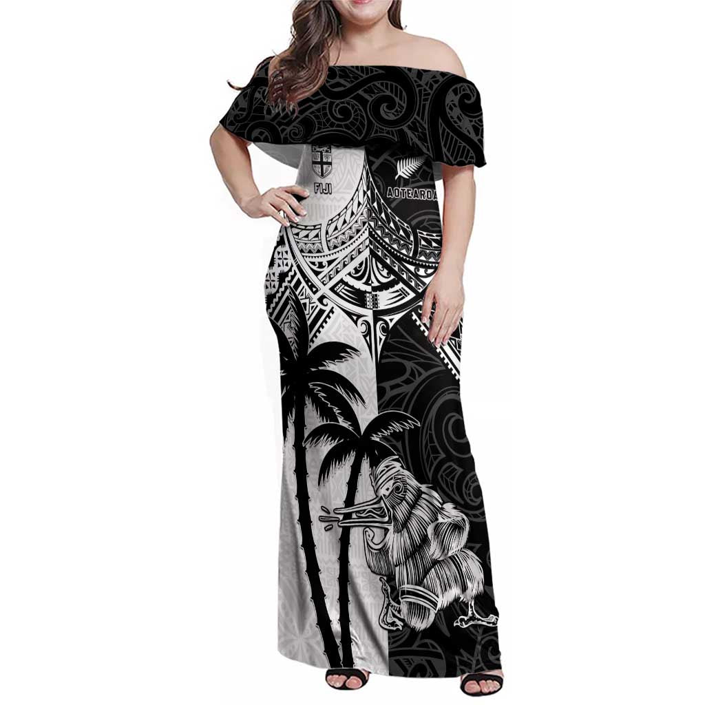 Custom New Zealand And Fiji Rugby 2024 Family Matching Off Shoulder Maxi Dress and Hawaiian Shirt Maori Kiwi With Fijian Palm Tree