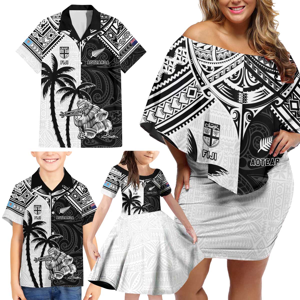 Custom New Zealand And Fiji Rugby 2024 Family Matching Off Shoulder Short Dress and Hawaiian Shirt Maori Kiwi With Fijian Palm Tree