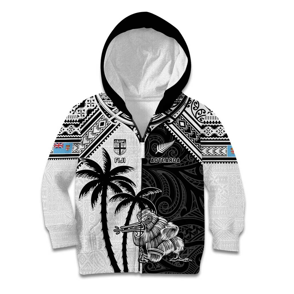 Custom New Zealand And Fiji Rugby 2024 Kid Hoodie Maori Kiwi With Fijian Palm Tree