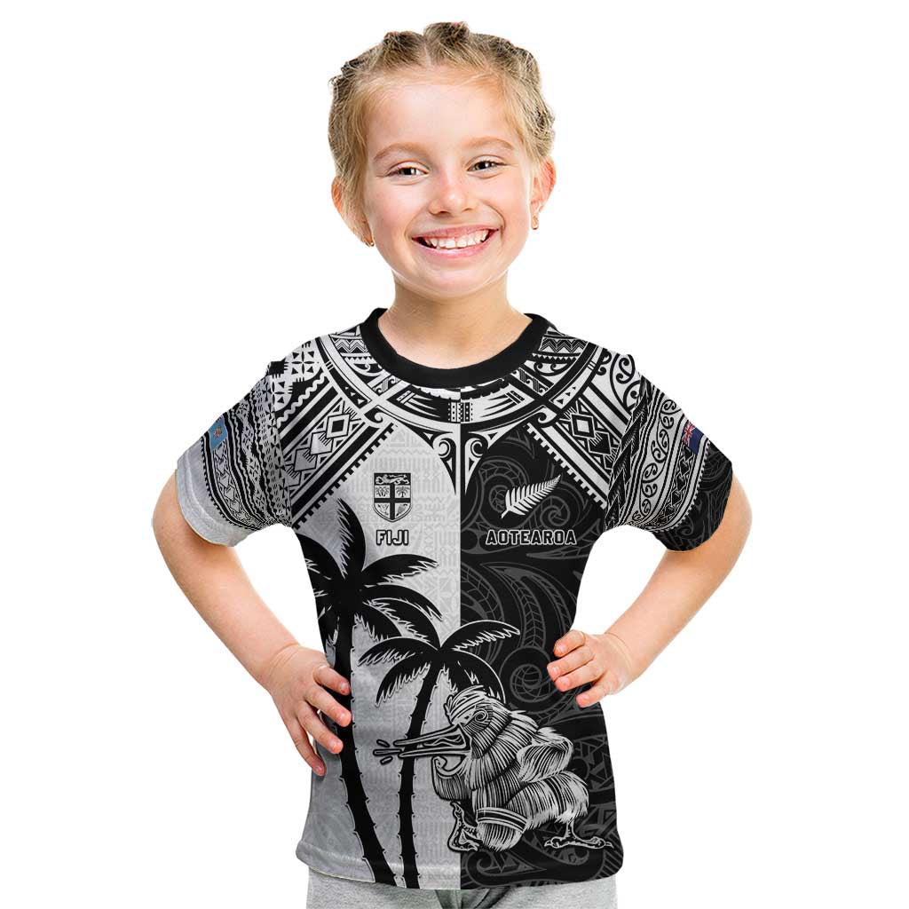 Custom New Zealand And Fiji Rugby 2024 Kid T Shirt Maori Kiwi With Fijian Palm Tree