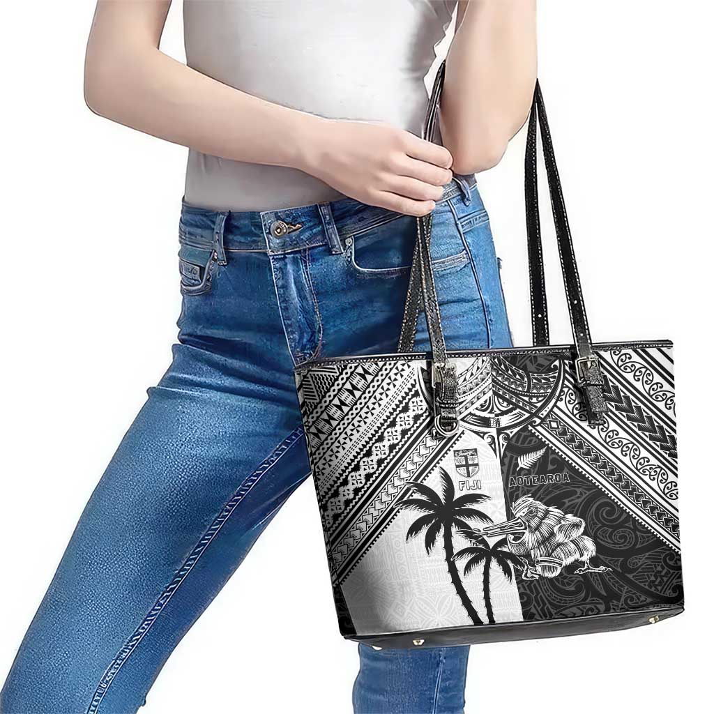 New Zealand And Fiji Rugby 2024 Leather Tote Bag Maori Kiwi With Fijian Palm Tree