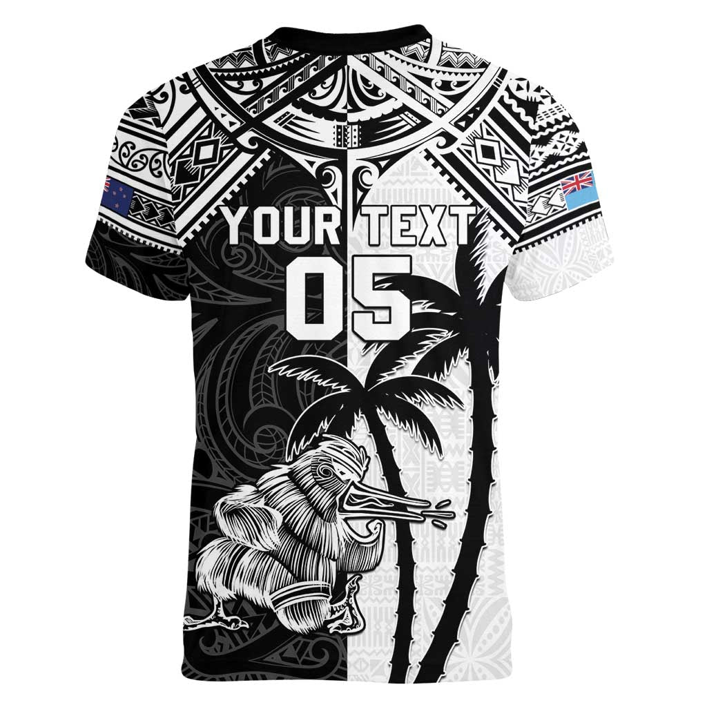 Custom New Zealand And Fiji Rugby 2024 Women V-Neck T-Shirt Maori Kiwi With Fijian Palm Tree LT05 - Polynesian Pride