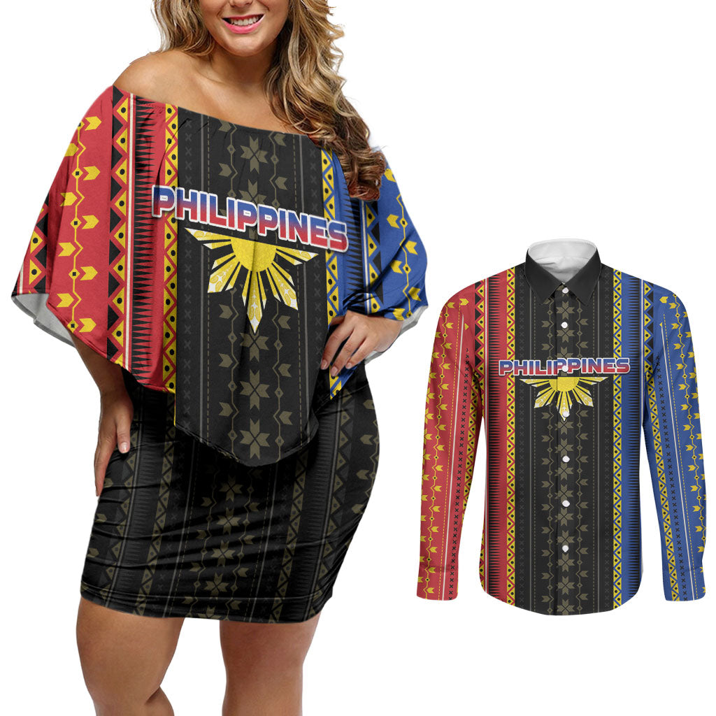 Personalised Philippines Filipinos Couples Matching Off Shoulder Short Dress and Long Sleeve Button Shirt Igorot Tribal Inspiration Pattern Style