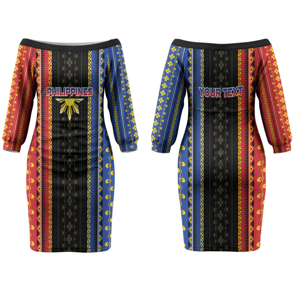 Personalised Philippines Filipinos Couples Matching Off The Shoulder Long Sleeve Dress and Long Sleeve Button Shirt Igorot Tribal Inspiration Pattern Style