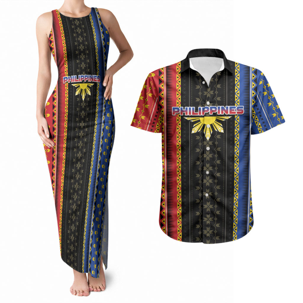 Personalised Philippines Filipinos Couples Matching Tank Maxi Dress and Hawaiian Shirt Igorot Tribal Inspiration Pattern Style LT05 Black - Polynesian Pride