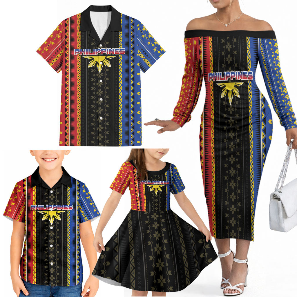 Personalised Philippines Filipinos Family Matching Off The Shoulder Long Sleeve Dress and Hawaiian Shirt Igorot Tribal Inspiration Pattern Style