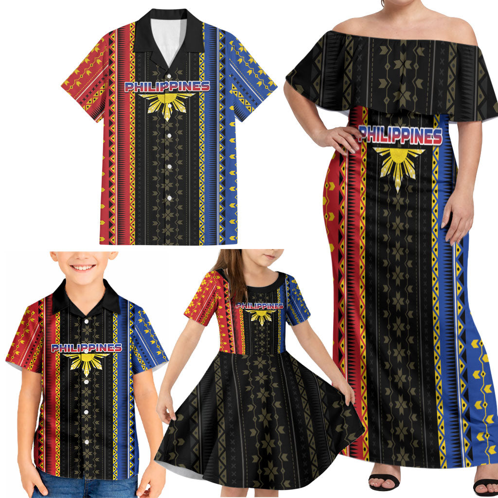 Personalised Philippines Filipinos Family Matching Off Shoulder Maxi Dress and Hawaiian Shirt Igorot Tribal Inspiration Pattern Style