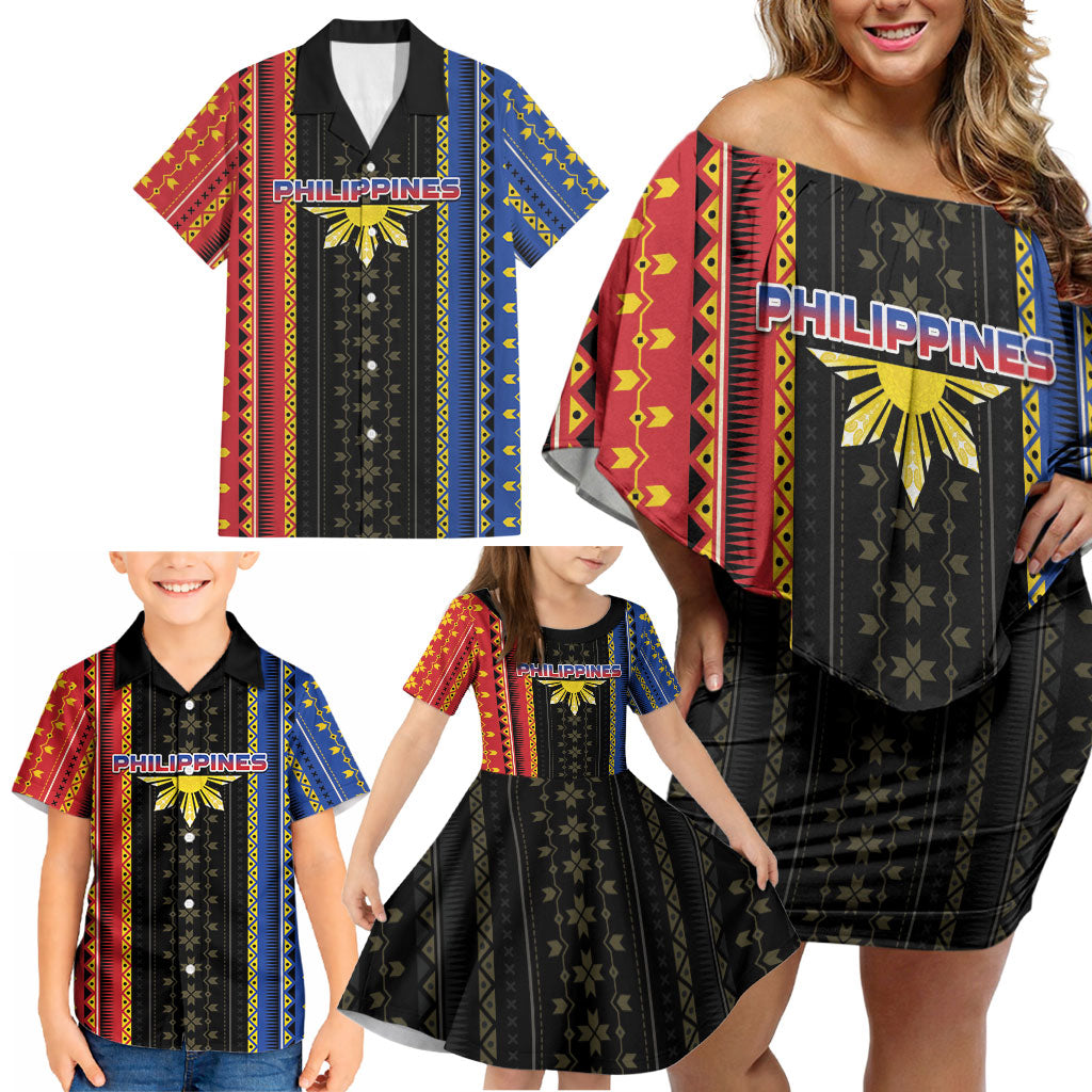 Personalised Philippines Filipinos Family Matching Off Shoulder Short Dress and Hawaiian Shirt Igorot Tribal Inspiration Pattern Style LT05 - Polynesian Pride