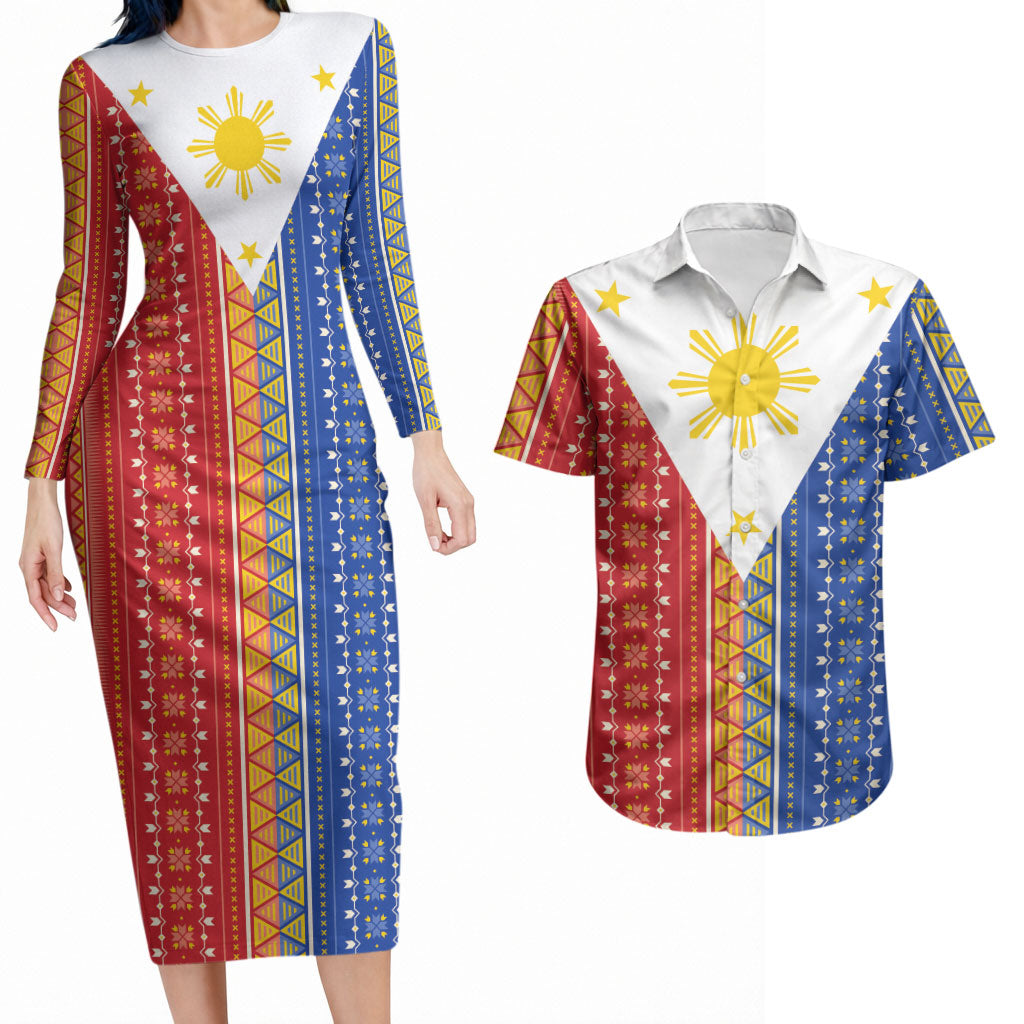 Philippines Sun Couples Matching Long Sleeve Bodycon Dress and Hawaiian Shirt Igorot Tribal Inspiration LT05 Colorful - Polynesian Pride