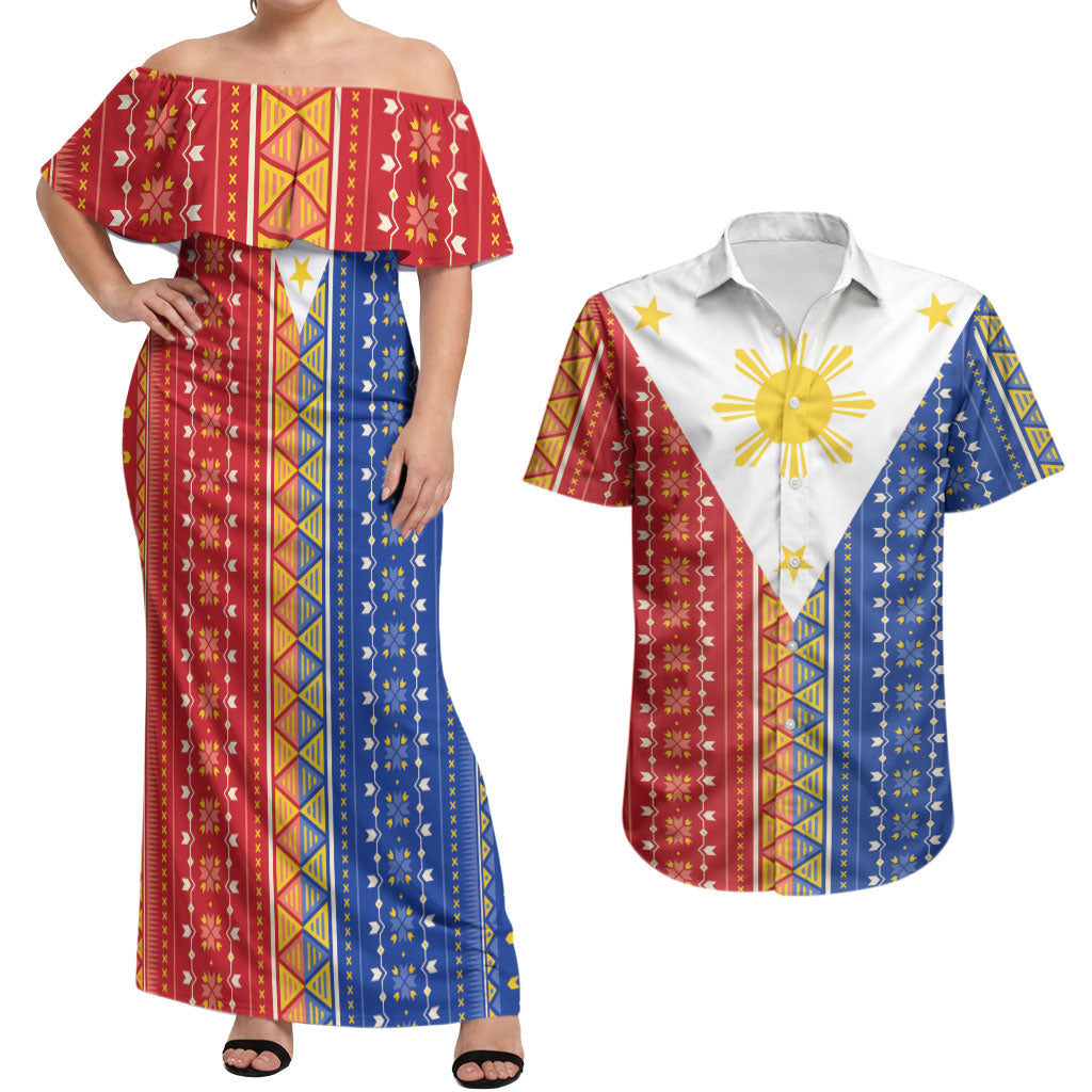 Philippines Sun Couples Matching Off Shoulder Maxi Dress and Hawaiian Shirt Igorot Tribal Inspiration