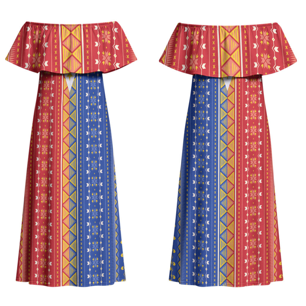 Philippines Sun Couples Matching Off Shoulder Maxi Dress and Hawaiian Shirt Igorot Tribal Inspiration