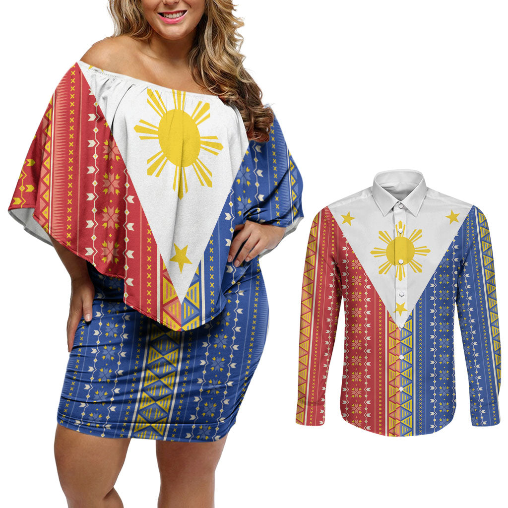 Philippines Sun Couples Matching Off Shoulder Short Dress and Long Sleeve Button Shirt Igorot Tribal Inspiration LT05 Colorful - Polynesian Pride