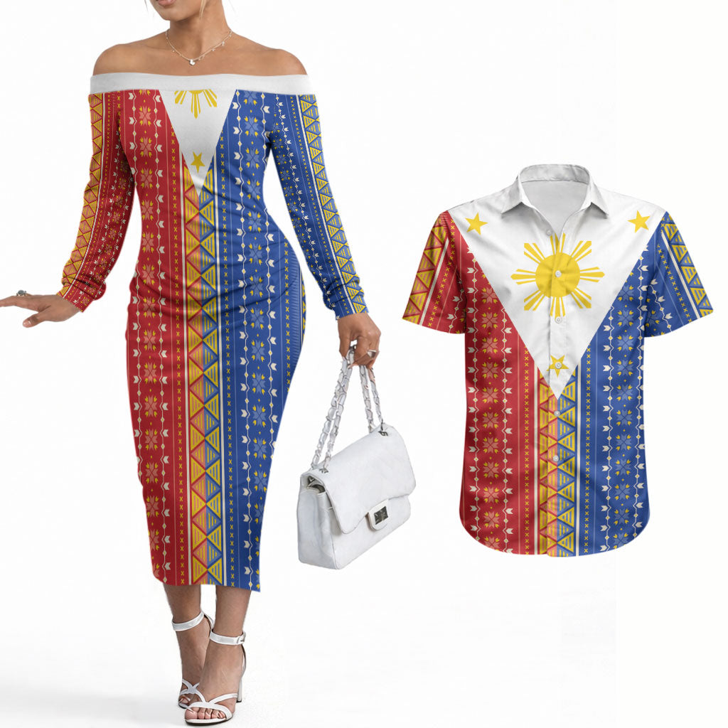 Philippines Sun Couples Matching Off The Shoulder Long Sleeve Dress and Hawaiian Shirt Igorot Tribal Inspiration LT05 Colorful - Polynesian Pride