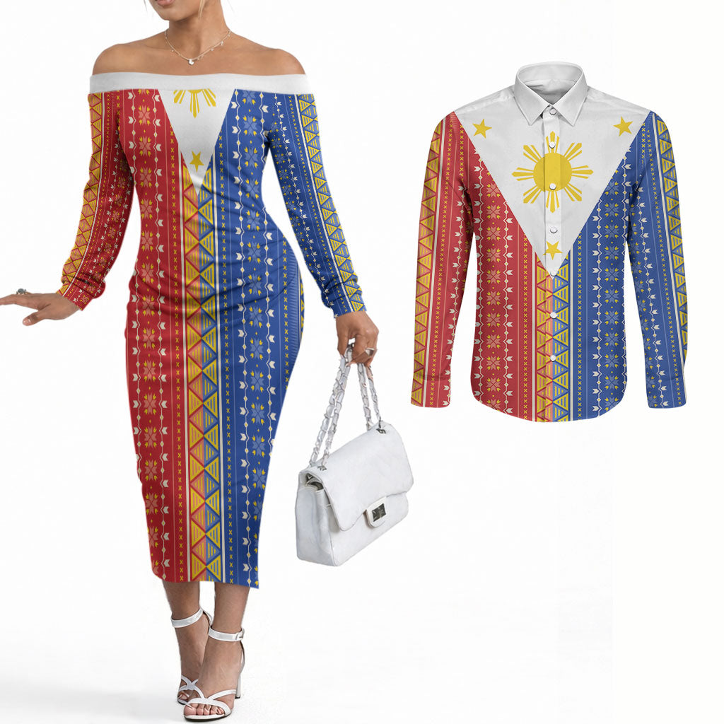 Philippines Sun Couples Matching Off The Shoulder Long Sleeve Dress and Long Sleeve Button Shirt Igorot Tribal Inspiration