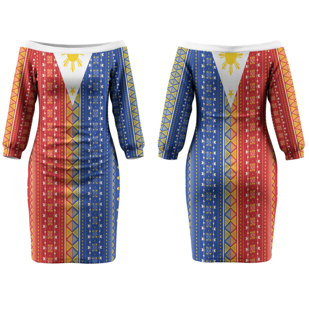 Philippines Sun Couples Matching Off The Shoulder Long Sleeve Dress and Long Sleeve Button Shirt Igorot Tribal Inspiration