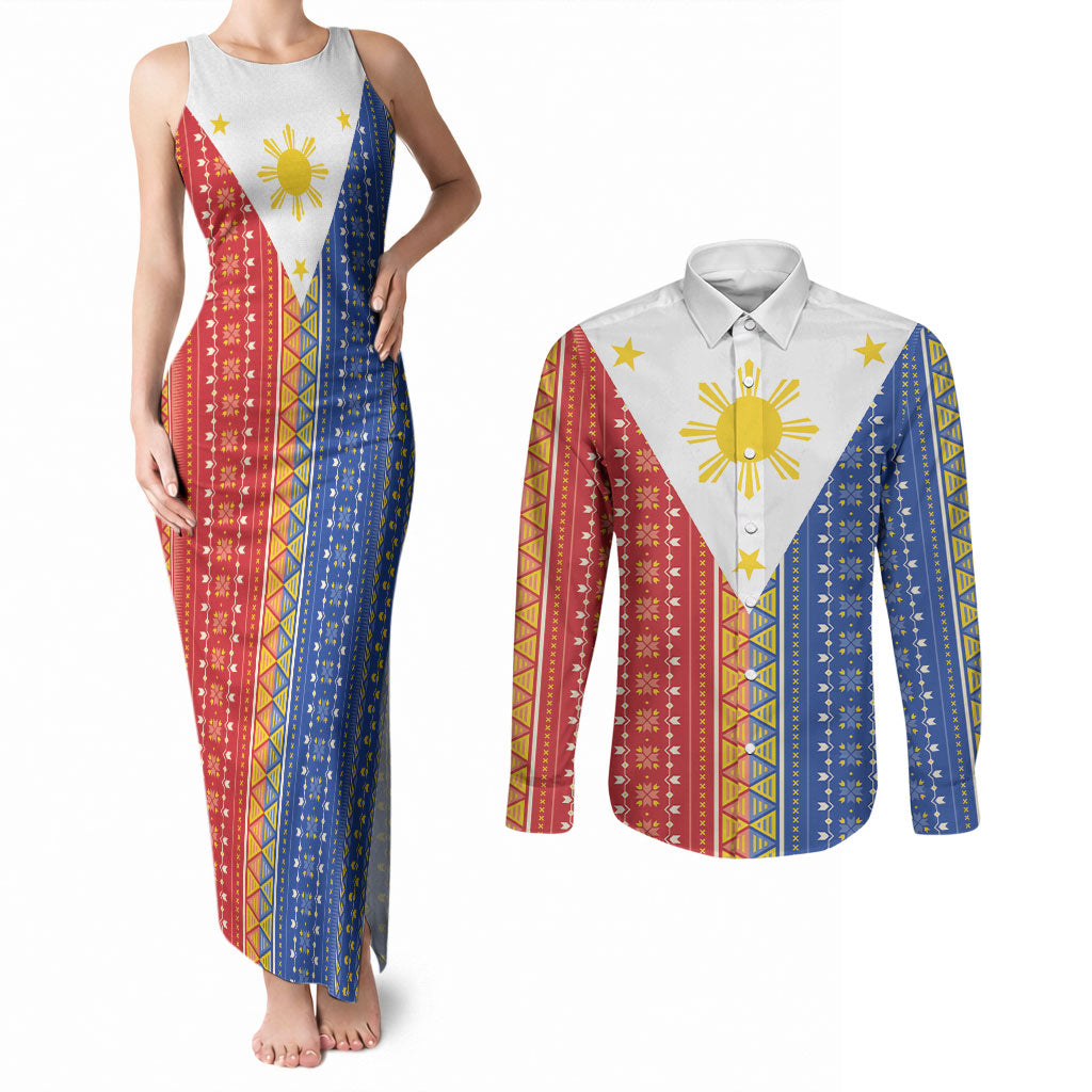 Philippines Sun Couples Matching Tank Maxi Dress and Long Sleeve Button Shirt Igorot Tribal Inspiration