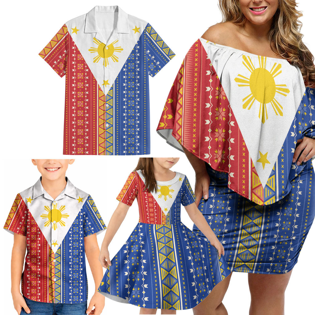 Philippines Sun Family Matching Off Shoulder Short Dress and Hawaiian Shirt Igorot Tribal Inspiration