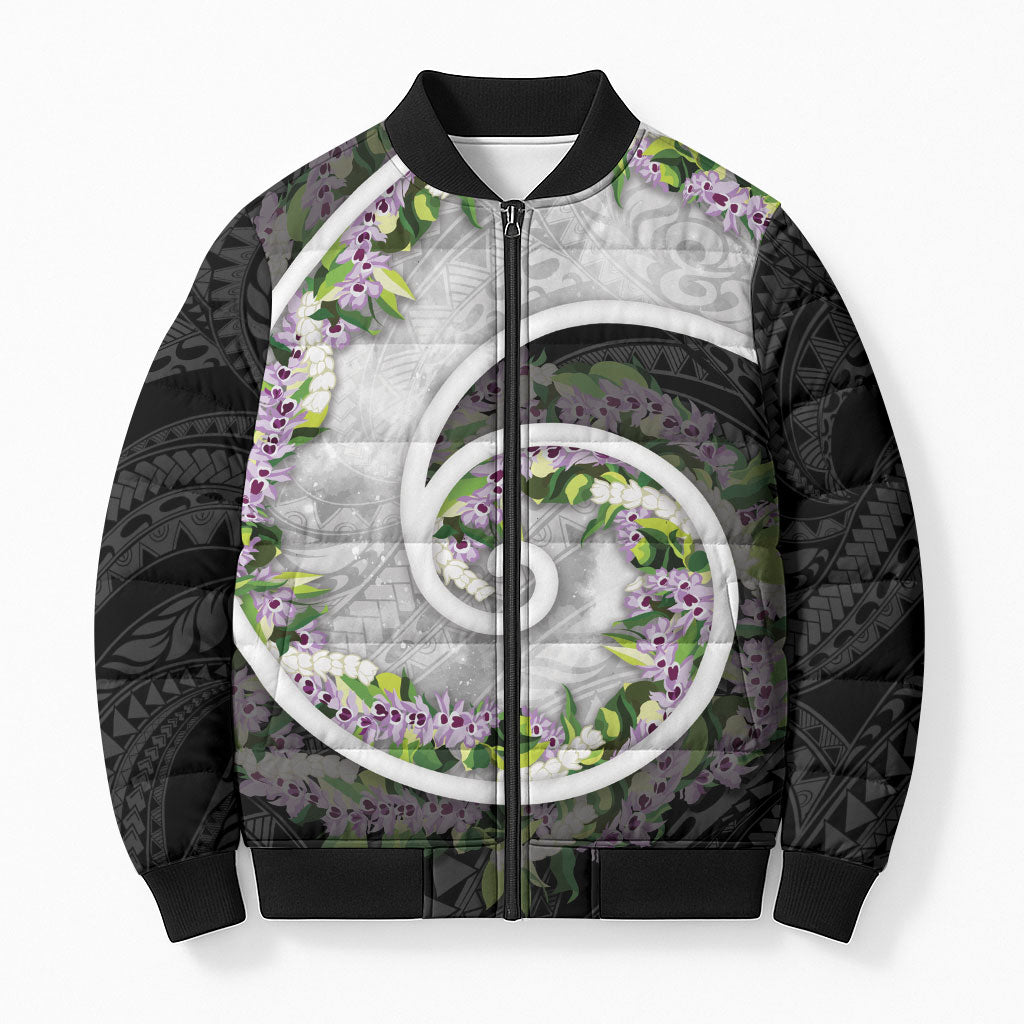 Piko Hawaii Bomber Puffer Jacket Polynesian Pattern With Maile Pikake Honohono Lei LT05 Unisex Black - Polynesian Pride