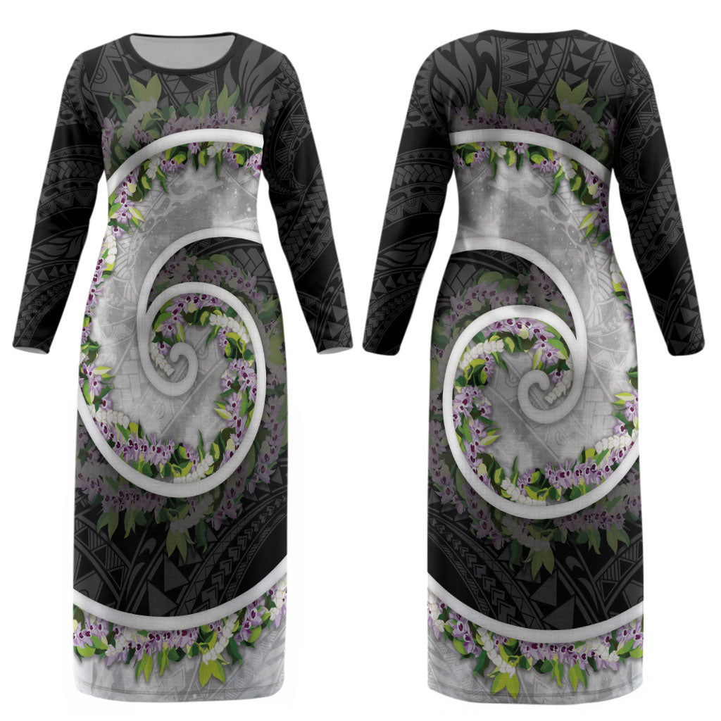 Piko Hawaii Couples Matching Long Sleeve Bodycon Dress and Hawaiian Shirt Polynesian Pattern With Maile Pikake Honohono Lei