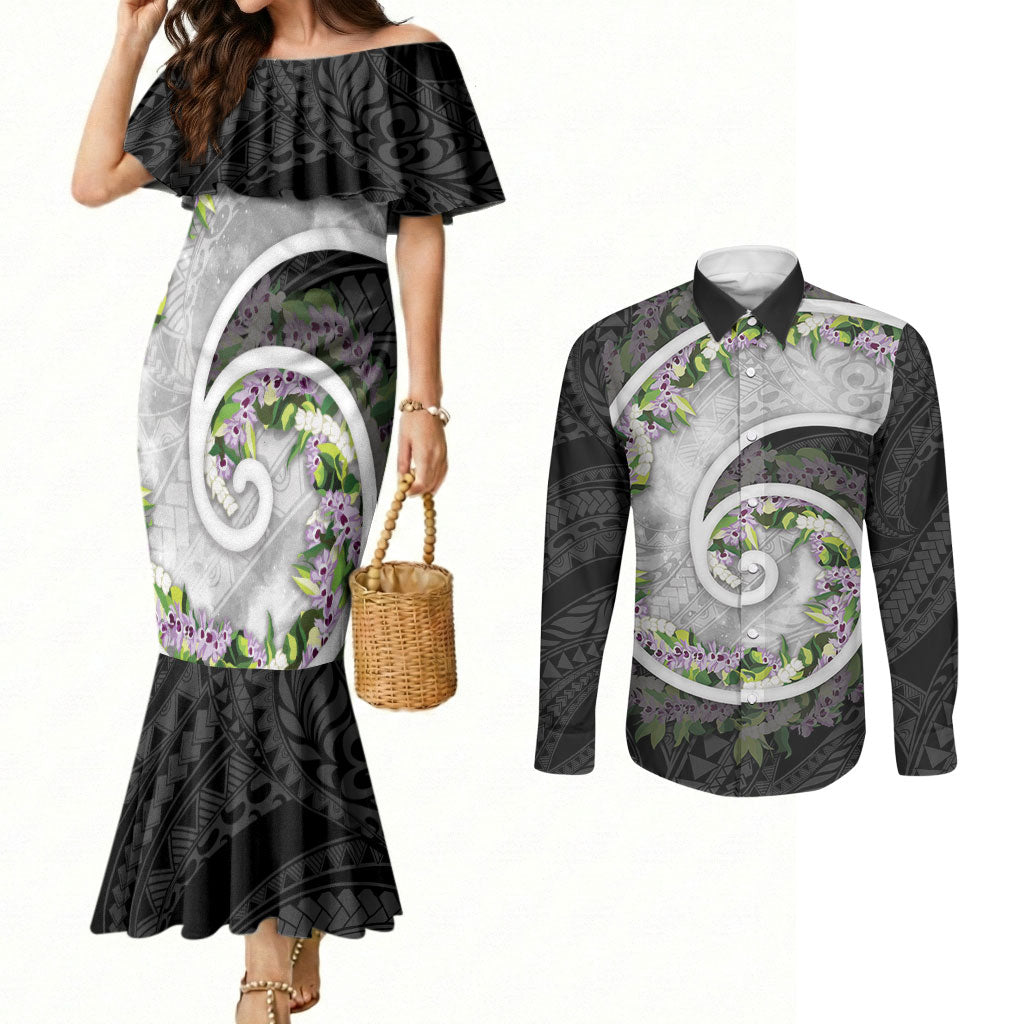 Piko Hawaii Couples Matching Mermaid Dress and Long Sleeve Button Shirt Polynesian Pattern With Maile Pikake Honohono Lei