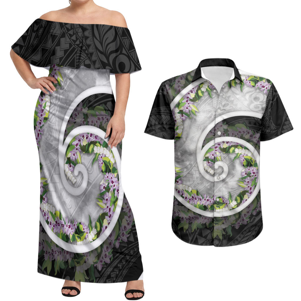 Piko Hawaii Couples Matching Off Shoulder Maxi Dress and Hawaiian Shirt Polynesian Pattern With Maile Pikake Honohono Lei