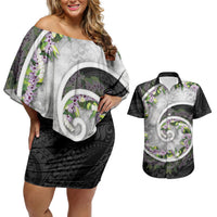 Piko Hawaii Couples Matching Off Shoulder Short Dress and Hawaiian Shirt Polynesian Pattern With Maile Pikake Honohono Lei