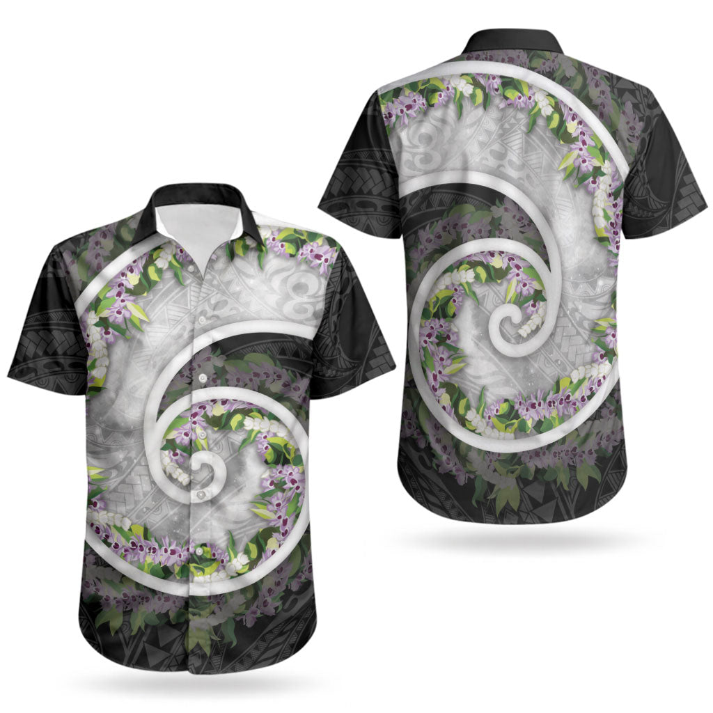 Piko Hawaii Couples Matching Off Shoulder Short Dress and Hawaiian Shirt Polynesian Pattern With Maile Pikake Honohono Lei