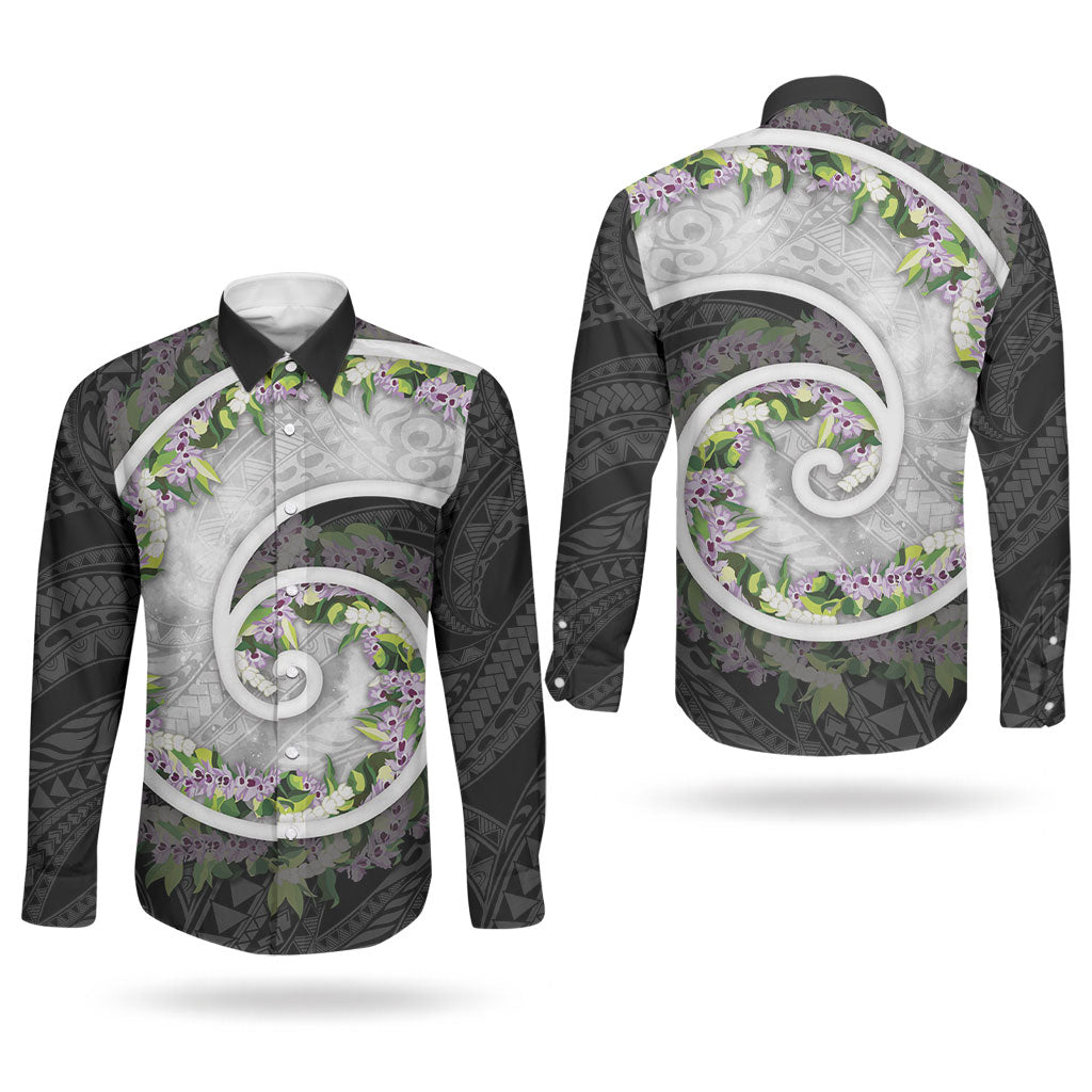 Piko Hawaii Couples Matching Off The Shoulder Long Sleeve Dress and Long Sleeve Button Shirt Polynesian Pattern With Maile Pikake Honohono Lei