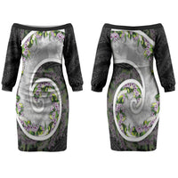 Piko Hawaii Couples Matching Off The Shoulder Long Sleeve Dress and Long Sleeve Button Shirt Polynesian Pattern With Maile Pikake Honohono Lei