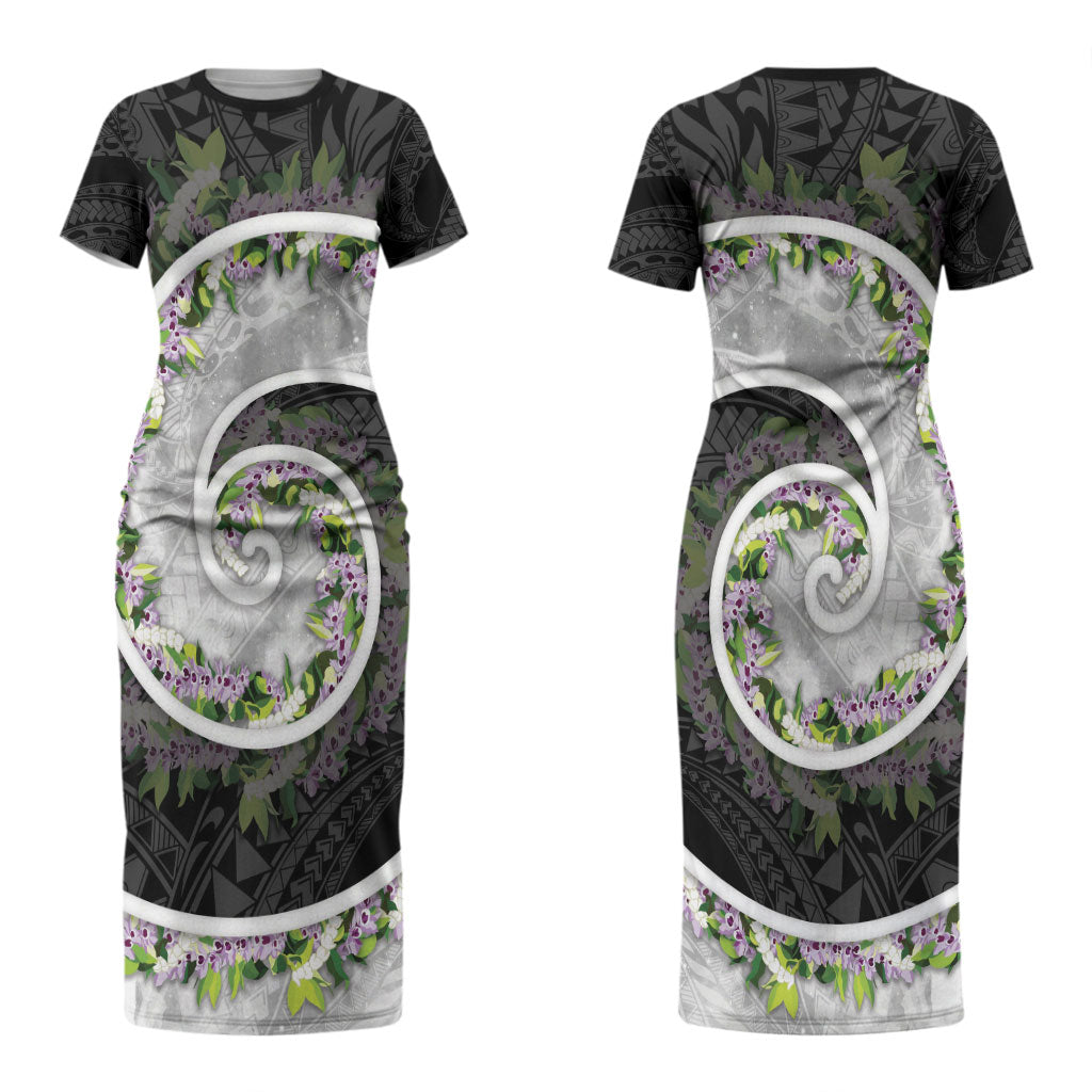 Piko Hawaii Couples Matching Short Sleeve Bodycon Dress and Long Sleeve Button Shirt Polynesian Pattern With Maile Pikake Honohono Lei