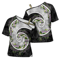Piko Hawaii Cross Shoulder Shirt Polynesian Pattern With Maile Pikake Honohono Lei