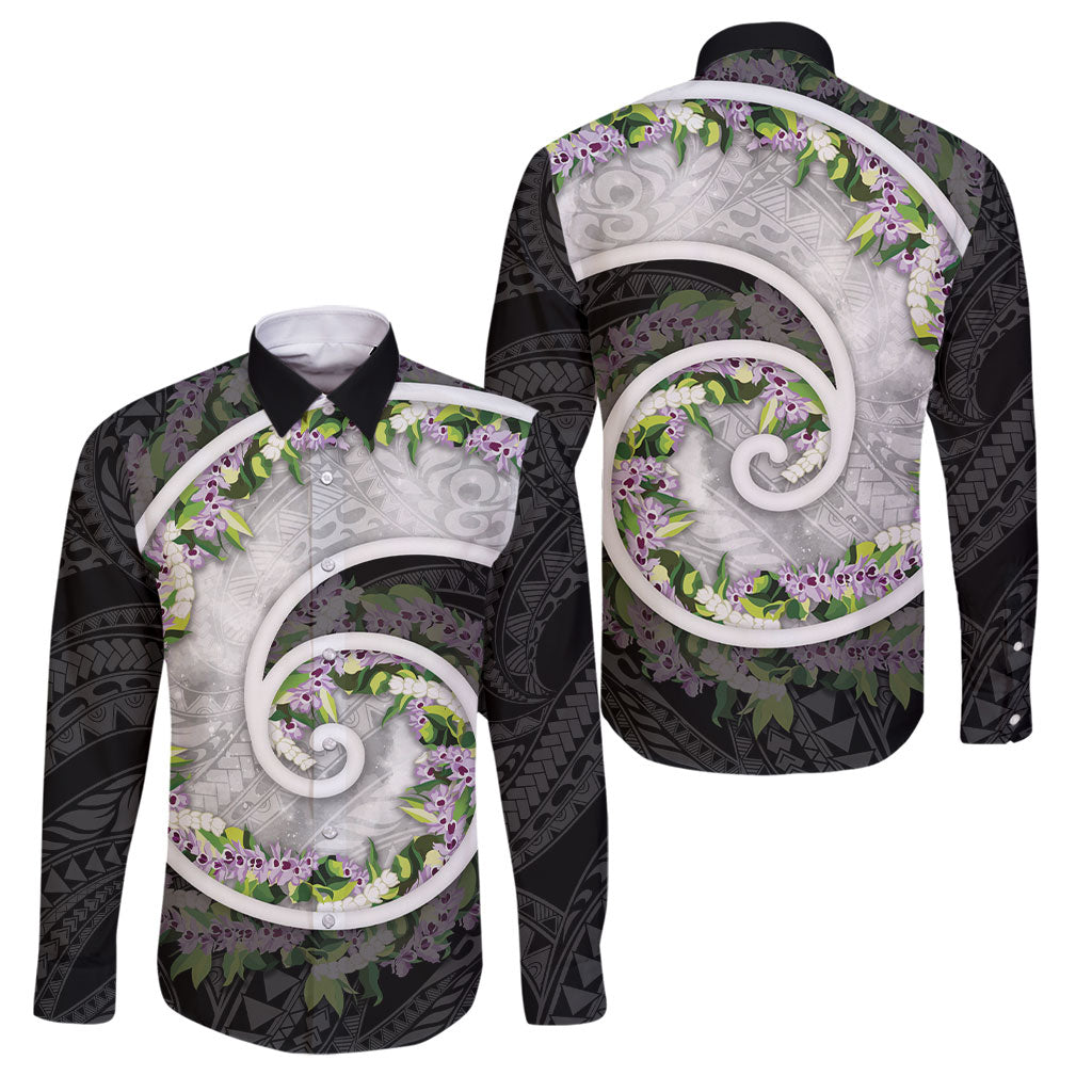 Piko Hawaii Family Matching Off The Shoulder Long Sleeve Dress and Hawaiian Shirt Polynesian Pattern With Maile Pikake Honohono Lei