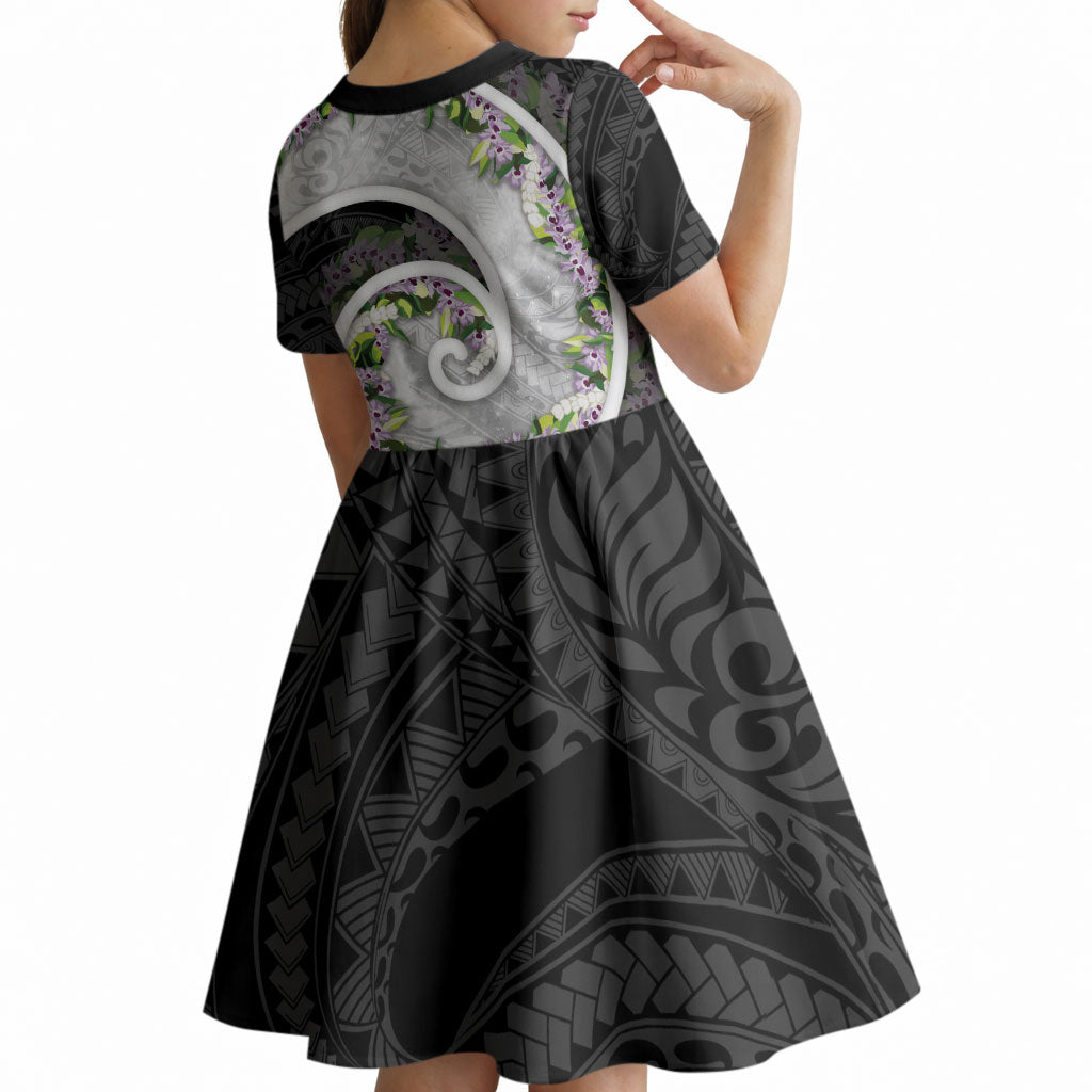 Piko Hawaii Kid Short Sleeve Dress Polynesian Pattern With Maile Pikake Honohono Lei