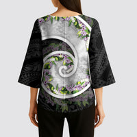 Piko Hawaii Kimono Sleeve Blouse Polynesian Pattern With Maile Pikake Honohono Lei